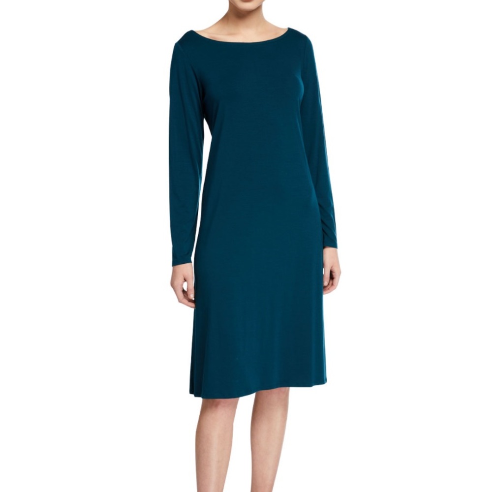EILEEN FISHER Bateau Neck Long Sleeve Tencel Lyocell Dress In Blue Spruce